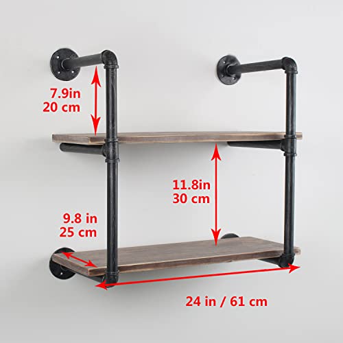 Industrial Pipe Shelving Wall Mounted,24in Rustic Metal Floating Shelves,Steampunk Real Wood Book Shelves,Wall Shelf Unit Bookshelf Hanging Wall Shelves,Farmhouse Kitchen Bar Shelving(2 Tier) - view 2