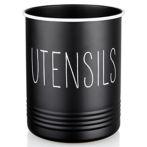 Kitchen Utensil Holder, 6.7" Utensil Holder for Kitchen Counter, Cooking Utensil Crock with Cork Bottom, Modern Farmhouse Decor, Countertop Utensil Storage Organizer Caddy, Black
