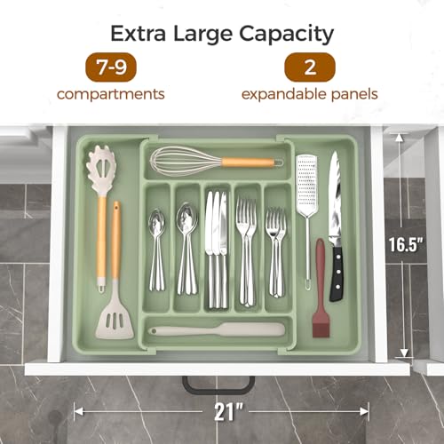Extra Large Expandable Silverware Organizer, Flatware Tray, Green - view 2
