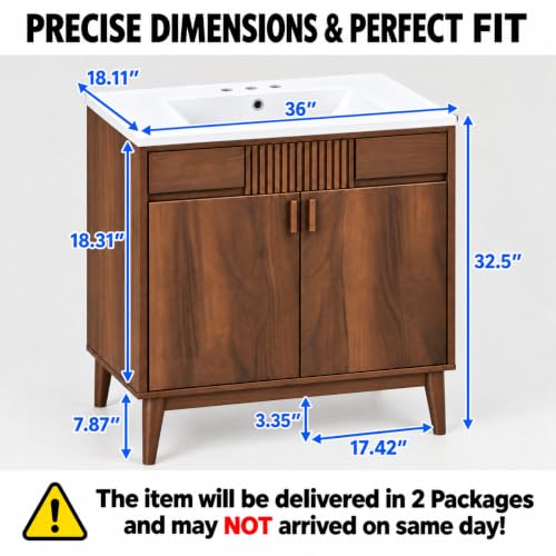 36 Inch Bathroom Vanity with Sink, Mid Century Walnut Freestanding Vanity Cabinet with Ceramic Sink Top, Solid Wood Legs, Vertical Slatted Accent, Soft Close Doors and Storage - view 2