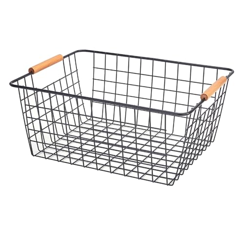 Large black wire basket for Organizing with Wooden Handles,pantry refrigerator organizers and storage,Snack Storage Baskets for Cabinets, Closets, Bedrooms, kitchen -2pack（Black） - view 7