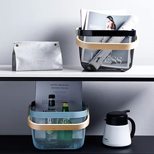 Mesh Steel Storage Organizer Basket Fruit Basket Bin with Wood Handle Ideal for Kitchen Bathroom Picnic Baskets Pantry Cabinets Storage Home Decor (Lemon Yellow) - view 4