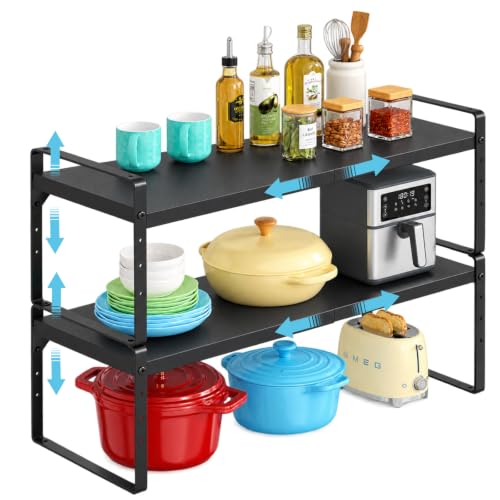 Expandable Kitchen Cabinet Shelf Organizer, Stackable Metal Storage Shelves