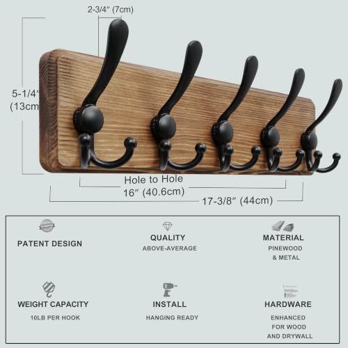 Coat Rack Wall Mounted - 5 Tri Hooks, Heavy Duty, Wooden Wall Coat Hanger Coat Hook for Clothes Hat Jacket Clothing, Natural & Black - view 5