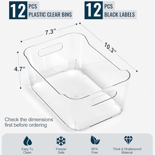 12 PACK Multi-Use Clear Plastic Storage Bins for Organizing w/Labels - Home, Kitchen, Pantry, Bathroom, Office, Cabinet Shelf Organizer Bins - SOHO Collection, RV, Fridge Organization Containers - L - view 7