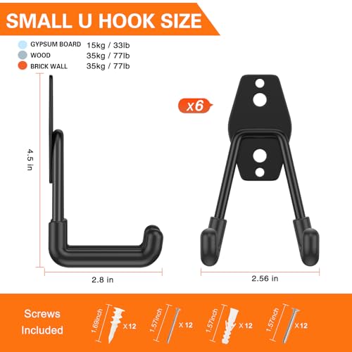 Heavy Duty Garage Hooks 6 Pack, 2.8 inch Small U Shaped Hanger, Wall Mounted Storage System, Power and Garden Tool Organizer, for Hanging Ladders, Hose, Bulk Items and More - view 2