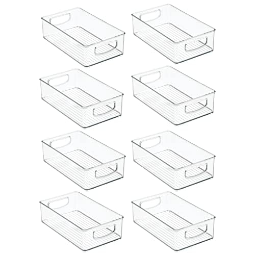 Small Plastic Kitchen Storage Container Bin with Handles - Organization in Pantry, Refrigerator or Freezer - Food Organizer for Fruit, Yogurt, Squeeze Pouches, Ligne Collection, 8 Pack, Clear
