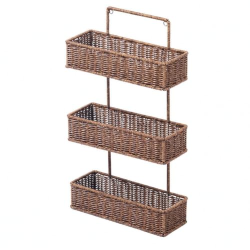 Three-Tier Wall-Mounted Storage Basket Compact PP Hanging Basket with Three Compartments Sturdy Woven-Texture Wall Organizer with Open Baskets, Dark Brown