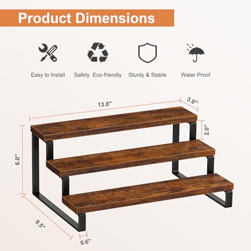 3-Tier Spice Rack, 13.8 Inch Wood Step Shelf Countertop Spice Storage Holder, Kitchen Pantry Cabinet Organizer Cupboard for Spice Bottles, Jars, Seasonings, Baking Supplies, Metal Frame - view 5