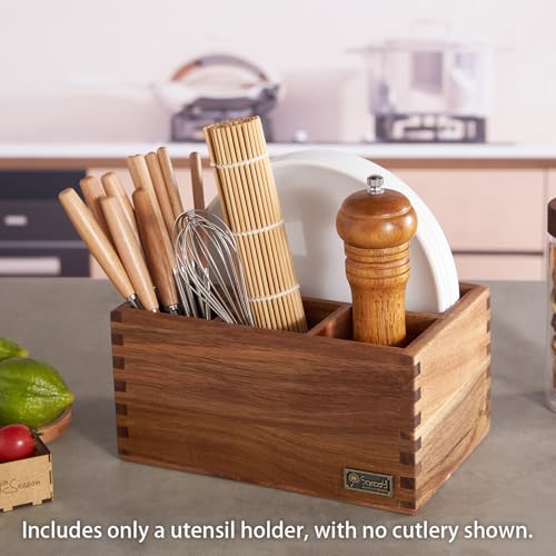 Acacia Wood Utensil Holder, Paper Plate Dispenser Organizer for Countertop - 4 Compartment Silverware Caddy for Friendsgiving Party - Cutlery Holder for Cup, Fork, Spoon, Kitchen, Camping - view 5