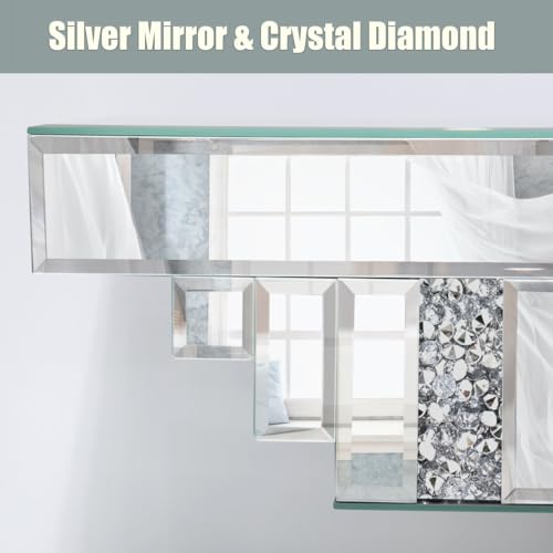 Mirrored Floating Shelf for Wall-23 Crushed Crystal Diamond Wall Shelf, Silver Mirror Display Shelf for Bathroom, Living Room, Bedroom-Glam Art Deco Showcase for Perfume, Jewelry, Small Plants - view 4