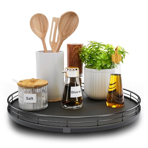 13" Lazy Susan Turntable Organizer for Table Top, Round Wooden Lazy Susan for Cabinet Kitchen Decor Centerpieces Coffee Table, Storage Condiments Spices, Bathroom Vanity Tray for Soap, Black