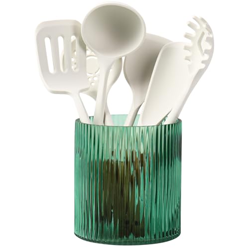 Green Utensil Holder, 6.3" Glass Kitchen Utensil Holder for Countertop, Large Cooking Utensil Holders for Kitchen Counter, Utensil Crocks for Farmhouse Decor