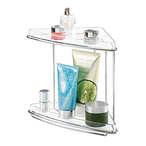 Steel/Plastic Freestanding Countertop Corner Shelf Organizer with 2-Tier Storage for Bathroom, Vanity, Cabinet, Counter - Holds Makeup, Bath Gel - Prism Collection - Clear