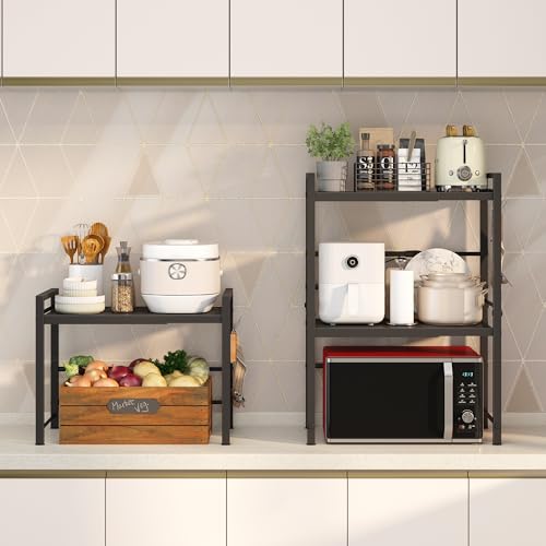 Expandable Microwave Rack, Countertop Kitchen Utensils Tableware Storage, Carbon Steel 3 Tier Shelf with 3 Hooks - view 2