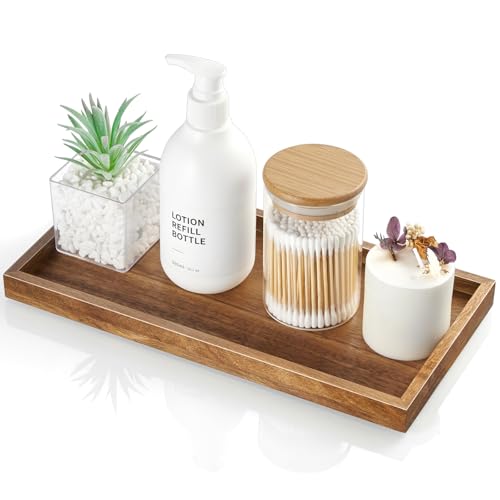 11.7" Bathroom Vanity Tray for Counter - Acacia Wood Decorative Tray for Toilet Tank Makeup Perfume Jewelry Catchall Coffee Table - Wooden Kitchen Countertop Organizer for Soap Dispenser