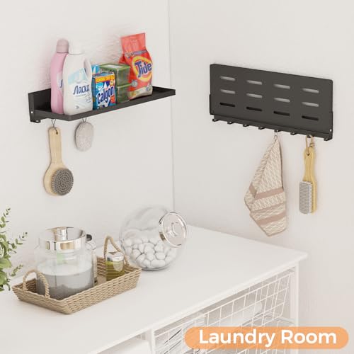 Folding Shelf with Hooks Wall Mount, Laundry Room Metal Shelves, Fold Up 90° and 8 Hooks, Foldable Storage Wall Shelf for Rv, Utility Room, Garage, Space Saving, Black（17.0", 2 Pack） - view 2