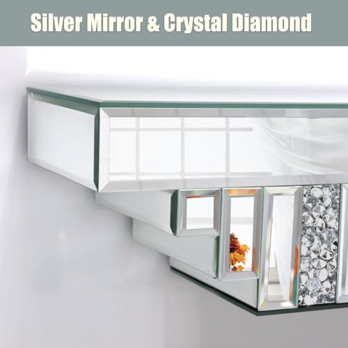Mirrored Floating Shelf for Wall-23 Crushed Crystal Diamond Wall Shelf, Silver Mirror Display Shelf for Bathroom, Living Room, Bedroom-Glam Art Deco Showcase for Perfume, Jewelry, Small Plants - view 3