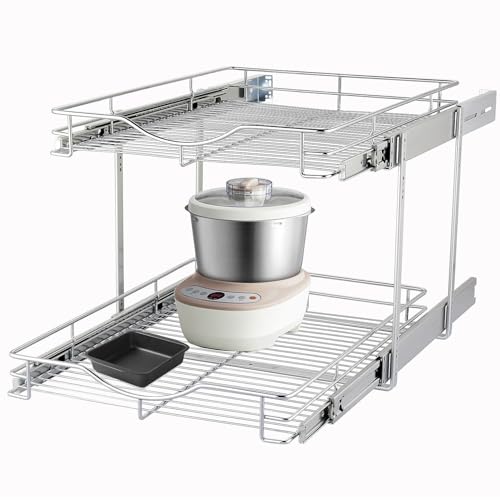 2 Tier Pull Out Cabinet Organizer (17" W x 18" D) Heavy-Duty Metal Sliding Drawer Shelf, Two Tier Pull Out Shelves for Kitchen Cabinets, Pantry, Bathroom, Chrome Finish
