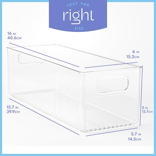 Plastic Food Storage 4 Pack Clear Container Bin with Handles for Organizing Kitchen, Pantry, Refrigerator, Freezer, Pantry, Cabinet, Closet, Bathroom. 16”x6”x5” - view 3