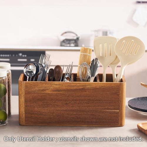 16" Wooden Kitchen Utensil Holder, Extra Large Acacia Wood Organizer for Cooking Tools, Utensils & Cutlery Storage – 4-Compartment Countertop Holder - view 4