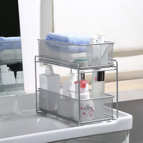 2 Tier Sliding Basket Stackable Cabinet Pull-Out Drawer Mesh Organizer for Kitchen Under Sink Storage (Silver) - view 4