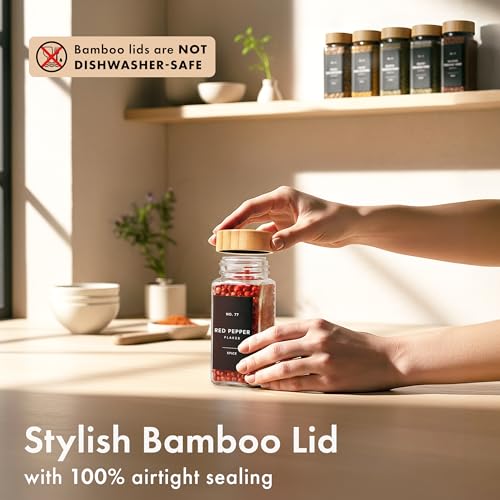 Glass Spice Jars with Label, 36x Bamboo Wooden Lids - Black Labels - view 6