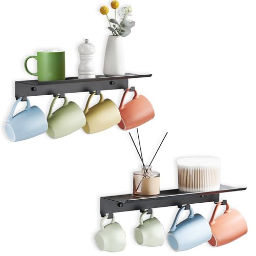 Mug Holder Wall Mounted, Set of 2 Tea Cup Rack, Floating Shelf with 4 Hooks for Coffee Bar Accessories, Kitchen Office Home Storage Decor Display Collection Organizer, Metal Hanging Hanger