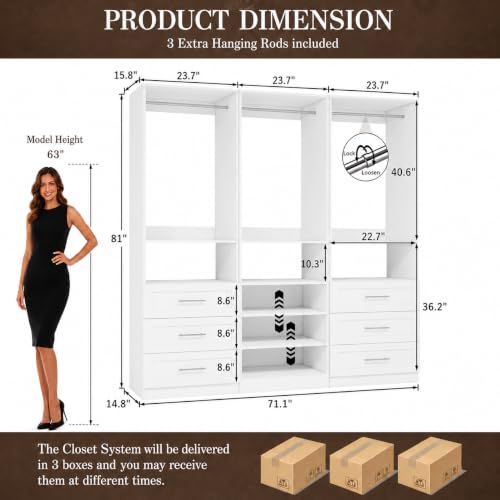 Closet System with 3 Sets, 6-15FT Modular Closet Organizer Systems with 6 Wood Drawers & 6 Shelves Walk in Closet System Tower with 6 Rods, Custom Closet Organizer Kits with Shoe Storage, White - view 2