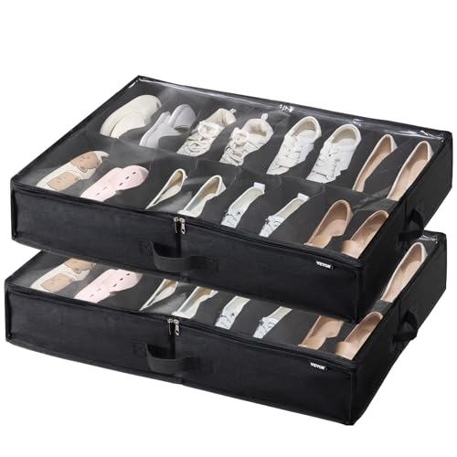 Under Bed Shoe Storage Organizer, Set of 2, Total 32 Compartments, Underbed Shoes Closet Storage Solution with Clear Window, Breathable, Foldable Fabric Container Box with Reinforced Handles