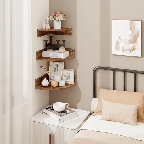 Corner Shelf Wall Mount, Set of 3 Floating Corner Shelves with Cord Hole, 3 Tier Wood Wall Display Shelf, Storage for Bathroom Living Room Kitchen Bedroom, Rustic Brown and Black - view 2