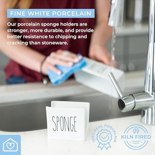 Porcelain Sponge Holder for Kitchen Sink. Compact Sink Caddy Organizer - Scrub Daddy Compatible Dish Sponge Holder. Ceramic Black and White Kitchen Decor and Cute Kitchen Accessories - view 5