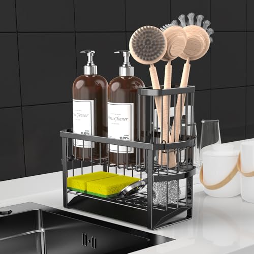 Kitchen Sink Organizer Caddy, 2 Tier Sink Caddy Organizer with High Brush Holder, Rust-Proof Countertop Rack (Black 10.6 * 4.3 * 5.7") for Kitchen Accessories & Dish Brushes - view 2