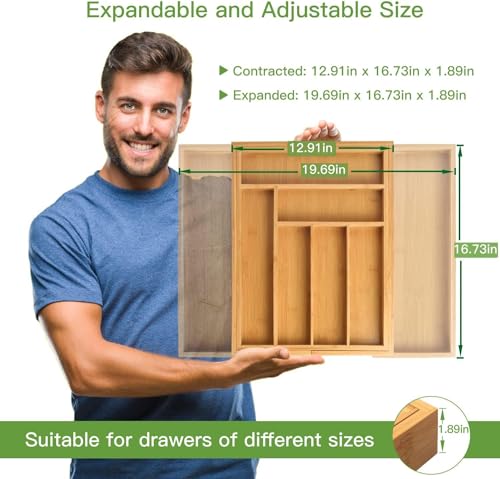 Bamboo Expandable Silverware Drawer Organizer, Adjustable Kitchen Utensil Tray for Forks, Spoons and Knives, Wood Storage Cutlery Holder for Bedroom and Living Room - view 3