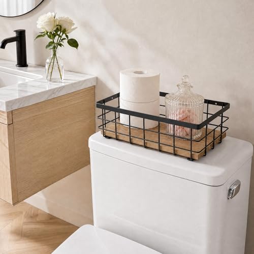 Small Metal Wire Basket, Decorative Wood Base Organizer for Bathroom, Kitchen, Basket for Toilet Paper Storage, Sugar Packet, Coffee Syrup, Guest Towel, Napkin - view 2