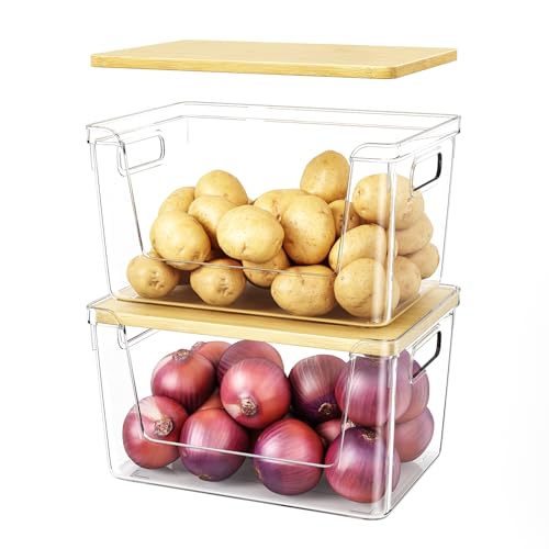 2 Set Pantry Organizer and Stackable Storage Kitchen,Sturdy and Durable Storage Basket for Potato, Onion, Garlic, Fruit, Vegetable, Produce, Clear Plastic Storage with Lid&Handle