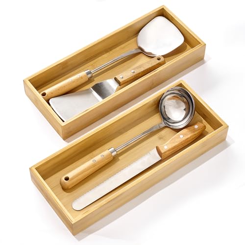 2 Pack Bamboo Drawer Organizer Boxes, Junk Drawer Storage Trays