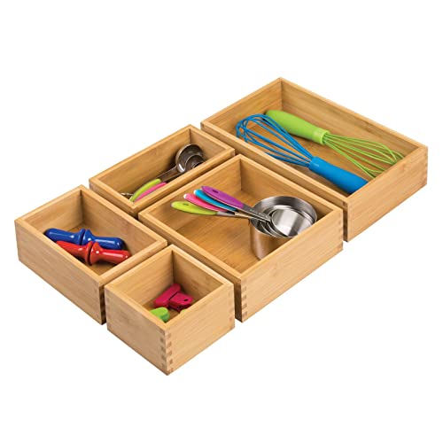 Bamboo Wood Kitchen Cabinet Drawer Organizer Tray Bins - Multipurpose - Use in Drawers, on Countertops, Shelves or in Pantry - Varied Sizes - Echo Collection - Set of 5 - Natural