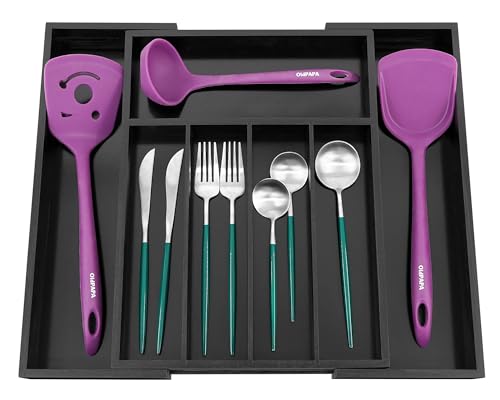 Bamboo Silverware Drawer Organizer, Black Kitchen Utensils Tray - view 7