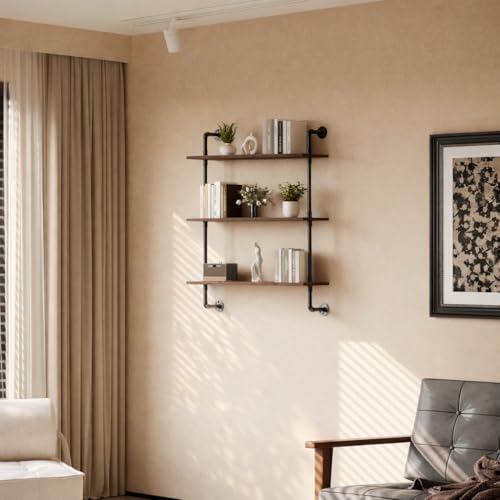 3-Tier Industrial Pipe Floating Shelf – Rustic 24 inch Wood Wall-Mounted Storage Shelf for Kitchen Office,Bathroom & Home Decor -Walnut - view 2