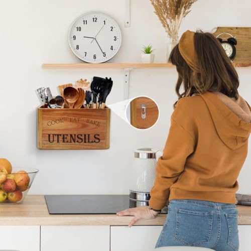 Wooden Kitchen Utensil Holder Organizer for Counter or Countertop, Large Wooden Utensil Holder for Storage Cooking and Silverware with 3 Compartment, Acacia Rustic Wood Container Extra Large - view 6