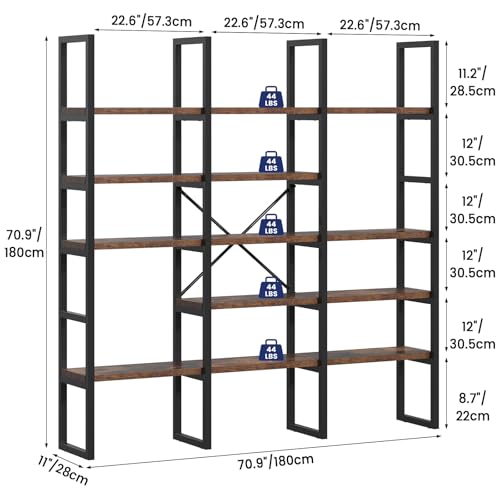 Large Bookshelf 5 Tiers, Triple Wide Geometric Bookcase, 71 Inches Tall Industrial Book Shelves Etagere Book Case, Sturdy Metal Frame, Freestanding Display Shelving Unit, Rustic Brown - view 3