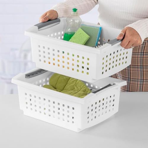Medium Stacking Basket, Versatile Open Plastic Bin, White, 4 Pack - view 6