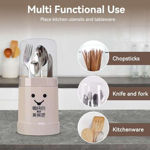 Chopsticks Holder, Cute Chopstick Holder Storage Cutlery Holder with Cover Drain Rack Reusable Plastic Utensil Holder with Removable Base for Kitchen(Beige) - view 2