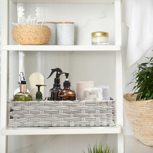 [Larger Compartments] Toilet Tank Topper Paper Basket - Multiuse Hand Woven Plastic Wicker Basket with Divider for Organizing, Rustic Farmhouse Bathroom Decor, Countertop Organizer Storage, Gray Wash - view 6