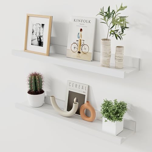 Floating Shelves for Wall, 24 inch Solid Wood Picture Ledge Shelf, Picture Shelf for Wall with Ledge, Floating Book Shelves for Living Room Bedroom Kitchen Nursery Decor, White, Set of 2