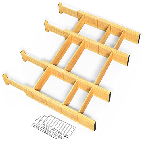 Bamboo 13.25-17“ Drawer Dividers (Need 2.35" Deep Drawer) Kitchen Adjustable Organizers, Expandable Organization for Home, Office, Dressers, 4 Dividers with 9 Inserts