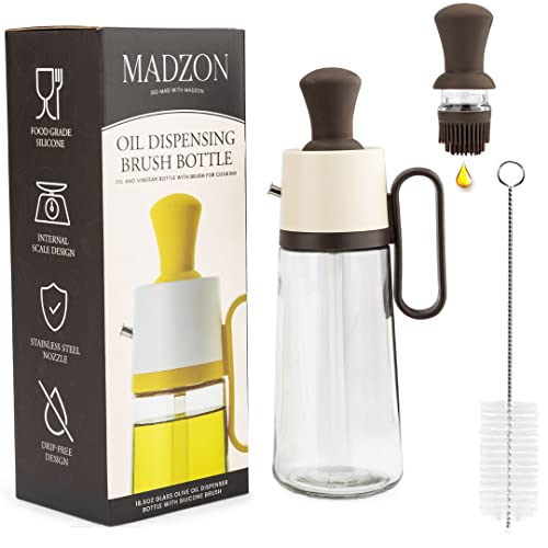 3-in-1 Olive Oil Dispenser Bottle for Kitchen with Brush and Straw Cleaner. Pour, Drizzle or Brush Vinegar, Soy Sauce and Cooking Oil Container. 18.6oz Glass Oil Cruet/Leakproof Spout (Brown)