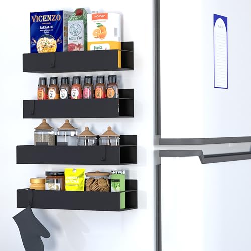 Metal Magnetic Spice Rack for Refrigerator – 4 Pack Strong Magnet Organizer Shelves with Notepad – Black Heavy-Duty Spice Storage for Kitchen, Pantry, Laundry, Apartment, RV