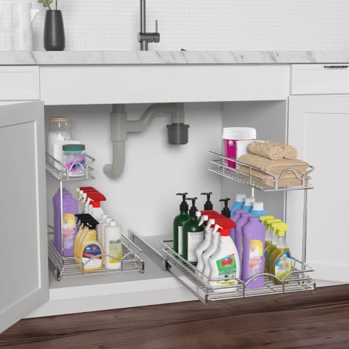 Under Sink Cabinet Organizer Two Tier Pull Out Shelf (11.75W x 17D), Under Sink Sliding Shelf for Kitchen Bathroom Cabinet 2 Tier Chrome - view 7